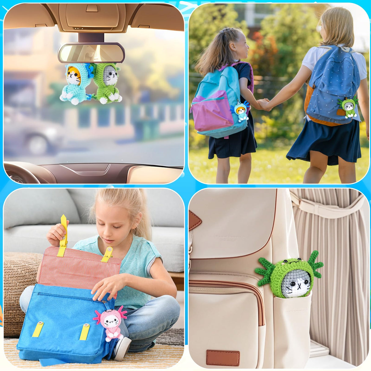 Crochet Kit for Beginners - 3 PCS Axolotl Cat Crochet Kits with Step-by-Step Video Tutorials, Beginner Crochet Kit for Adults, Crochet Cat Dressed as Axolotl Set (Blue & Green & Pink) Fortuning's JDS