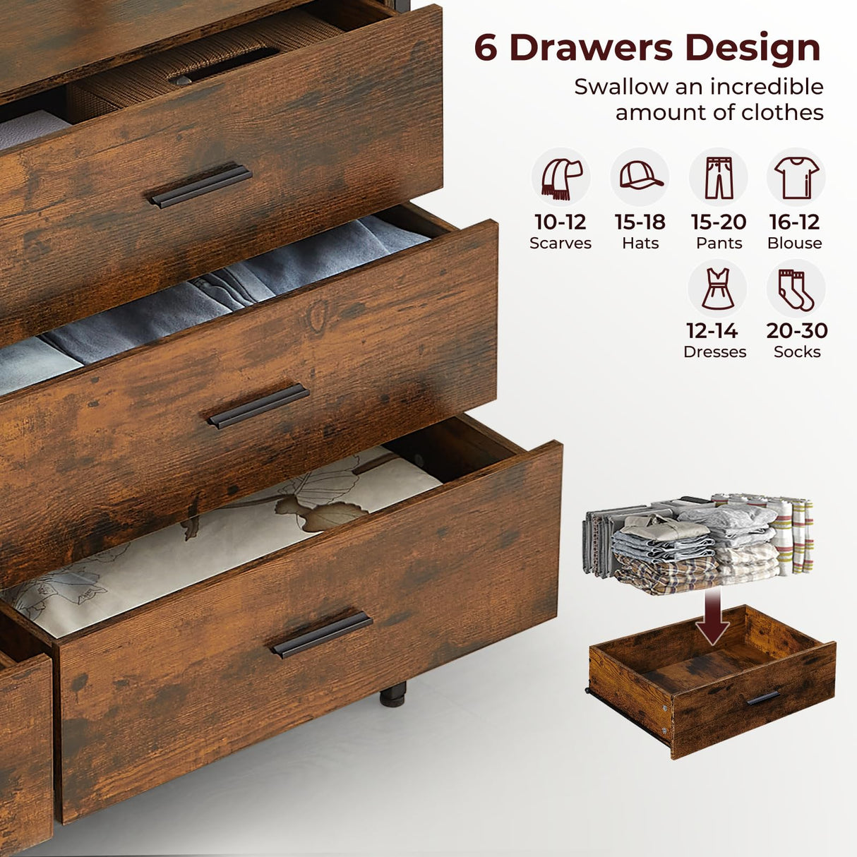 Lyromix Rustic Brown Dresser with 6 Drawers, Wide 48'' Wood TV Stand with Storage, Mid Century Dresser Dresser for Bedroom, Perfect for Bedroom Room Storage Lyromix