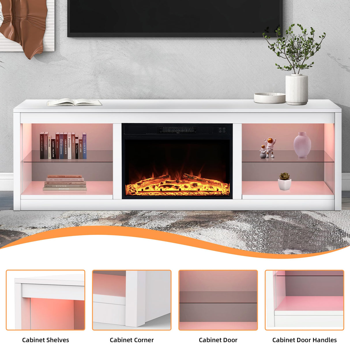 COMEFFIE 66 inch Electric Fireplace TV Stand up to 75'' TV-Entertainment Center with 24'' Fireplace and Led Light-TV Console with Adjustable Glass Shelves, Remote Control (Black with Fireplace) COMEFFIE