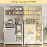 DWVO Bakers Rack Microwave Stand Cabinet with Trash Can Bin Cabinet and Power Outlet 6-Tiers Farmhouse Kitchen Tall Thickened Coffee Bar Table Station with Storage Shelf, White DWVO