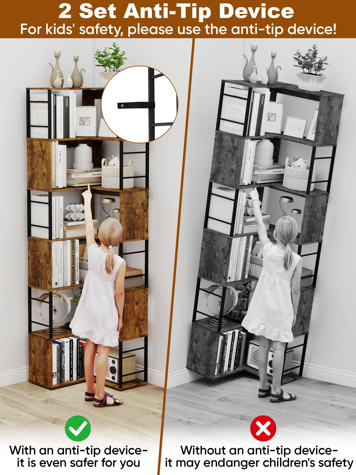 Qriocioa 7-Tier Corner Bookshelf 73.6 Inches Tall Corner Bookcase Industrial Wood and Metal L Shaped Bookshelf Large Storage Display Rack for Living Room, Home Office, Rustic Brown Qriocioa