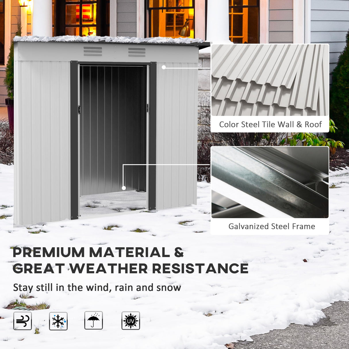 Outsunny 8' x 4' Metal Lean to Garden Shed, Outdoor Storage Shed, Garden Tool House with Double Sliding Doors, 2 Air Vents for Backyard, Patio, Lawn, White Outsunny