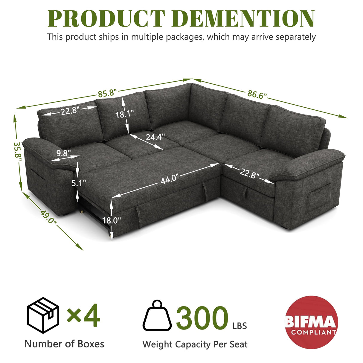 SUAWY 85 Inch Modular Sectional Sofa with Pull Out Bed,L Shaped 5 Seat Sectional Sleeper Sofa with Storage,Sectional Couches for Living Room,Cloud Modular Couch,Removable Sofa Cover,Dark Grey SUAWY
