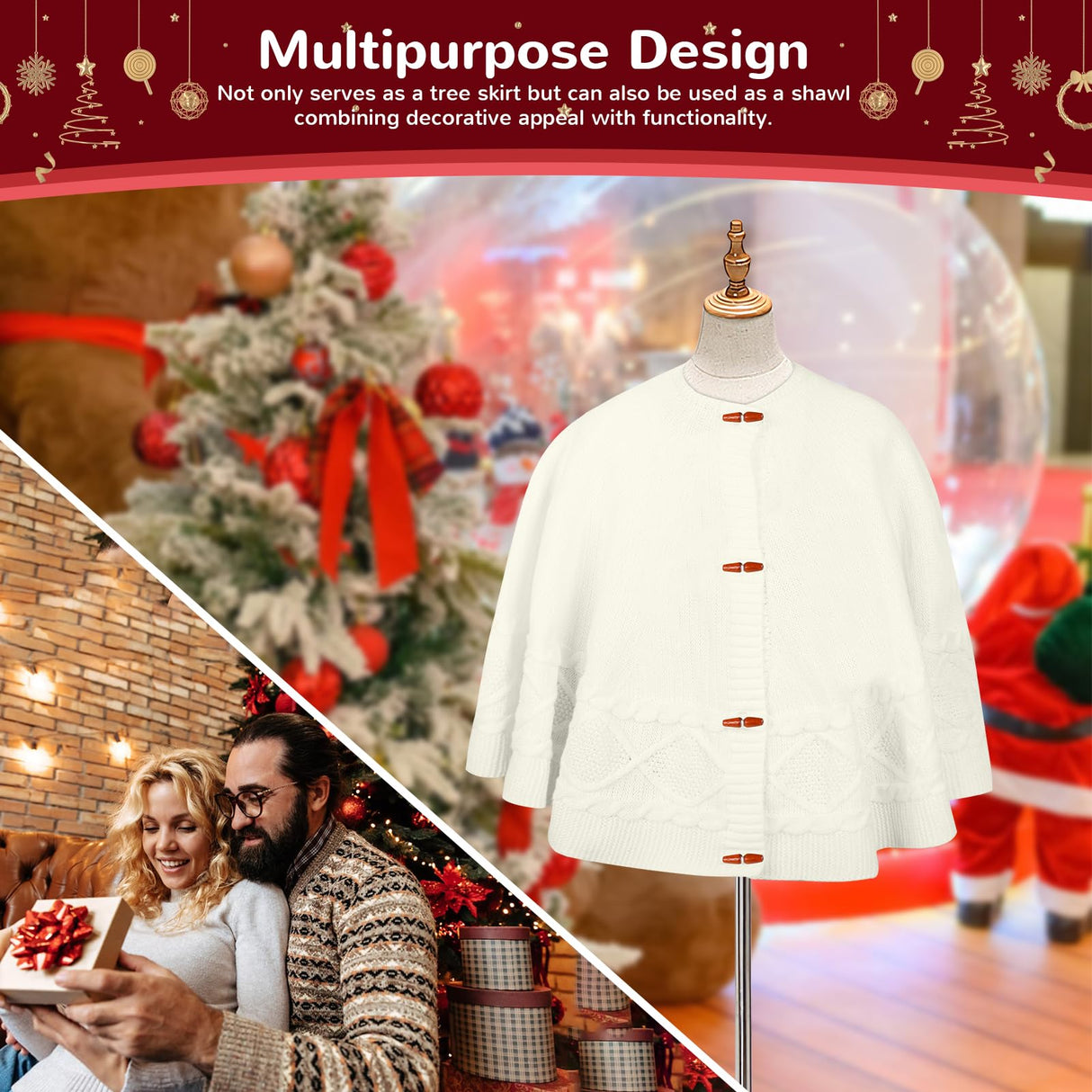 KCFESTIHUE Christmas Tree Skirt, 48 Inch Cable Knit Pattern, Luxury Xmas Holiday Decoration, Thick Rustic Fabric, Home Party Décor Red KCFESTIHUE