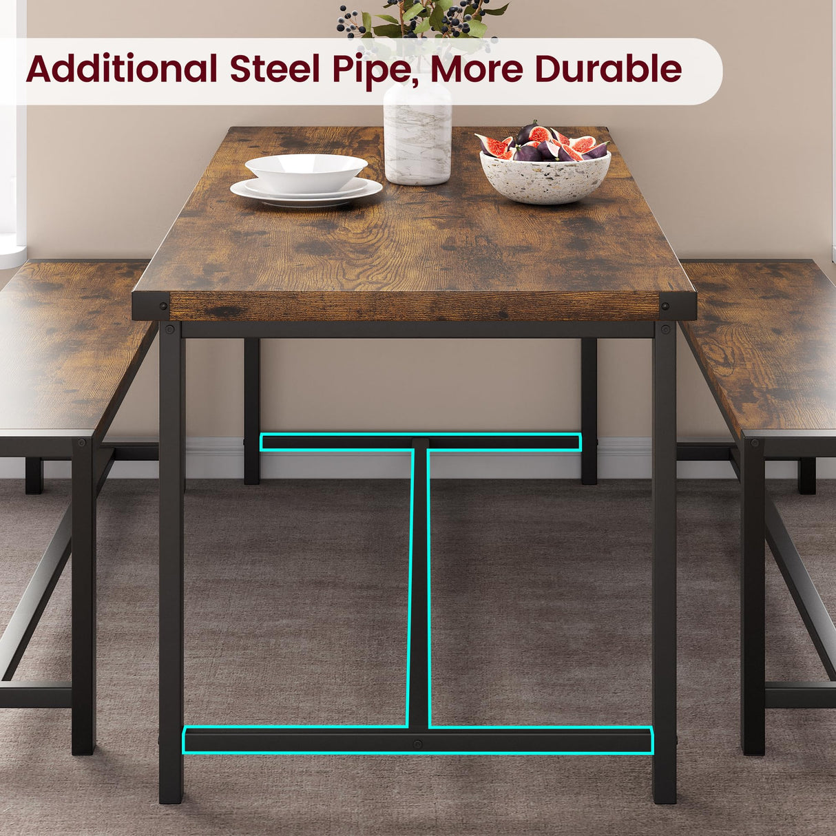 IDEALHOUSE Dining Table Set for 4, Kitchen Table with Benches, Rectangular Dining Room Table Set with 2 Metal Wood Benches, 3 Piece Dining Table Set for Small Space, Apartment, Dinette, Retro Brown IDEALHOUSE