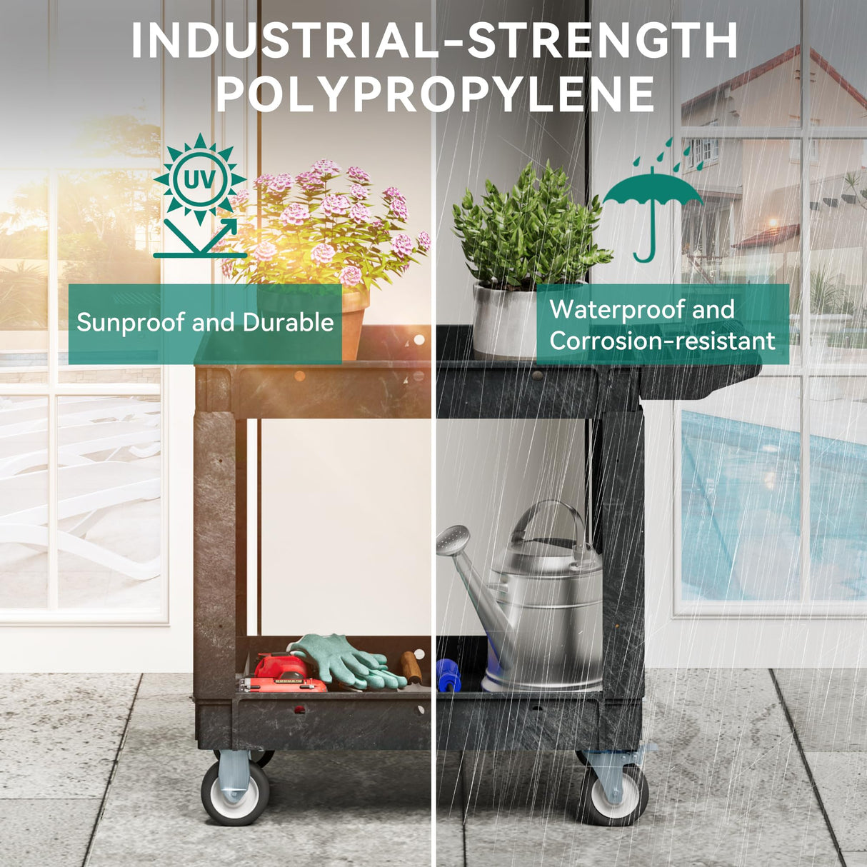 YITAHOME Utility Cart on Wheels, 550 lbs Capacity Service Cart, 40 x 17 Inch Rolling Work Carts, 2 Shelf Heavy Duty Plastic Cart Suitable for Warehouse, Garage, School & Office, Cleaning, Black YITAHOME