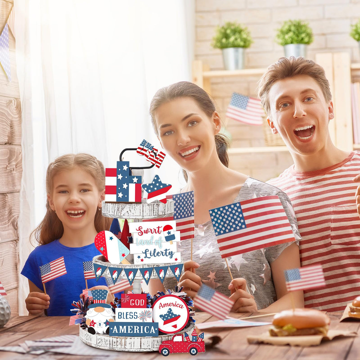 FairySandy 15 Pcs 4th of July Tiered Tray Decor Patriotic Table Decoration Memorial Day Independence Day Wooden Sign Red White Blue Gnome USA Flag Tiered Tray Decor Set for Home Table FairySandy