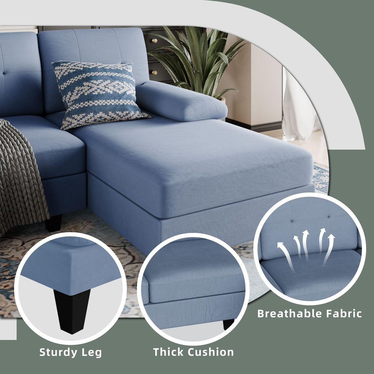 Shintenchi Sectional Couches for Living Room, U Shaped Sofa Couch with Double Chaise, 4-Seat Living Room Furniture Sets with Soft Cushion & Linen Fabric, Blue Shintenchi