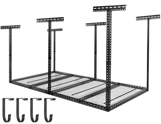 Rengue Overhead Garage Storage Rack 4 x 8FT Adjustable Height Garage Ceiling Storage Racks Organization System Heavy Duty Cold Rolled Steel Storage Rack for Garage, Warehouse with Hooks
