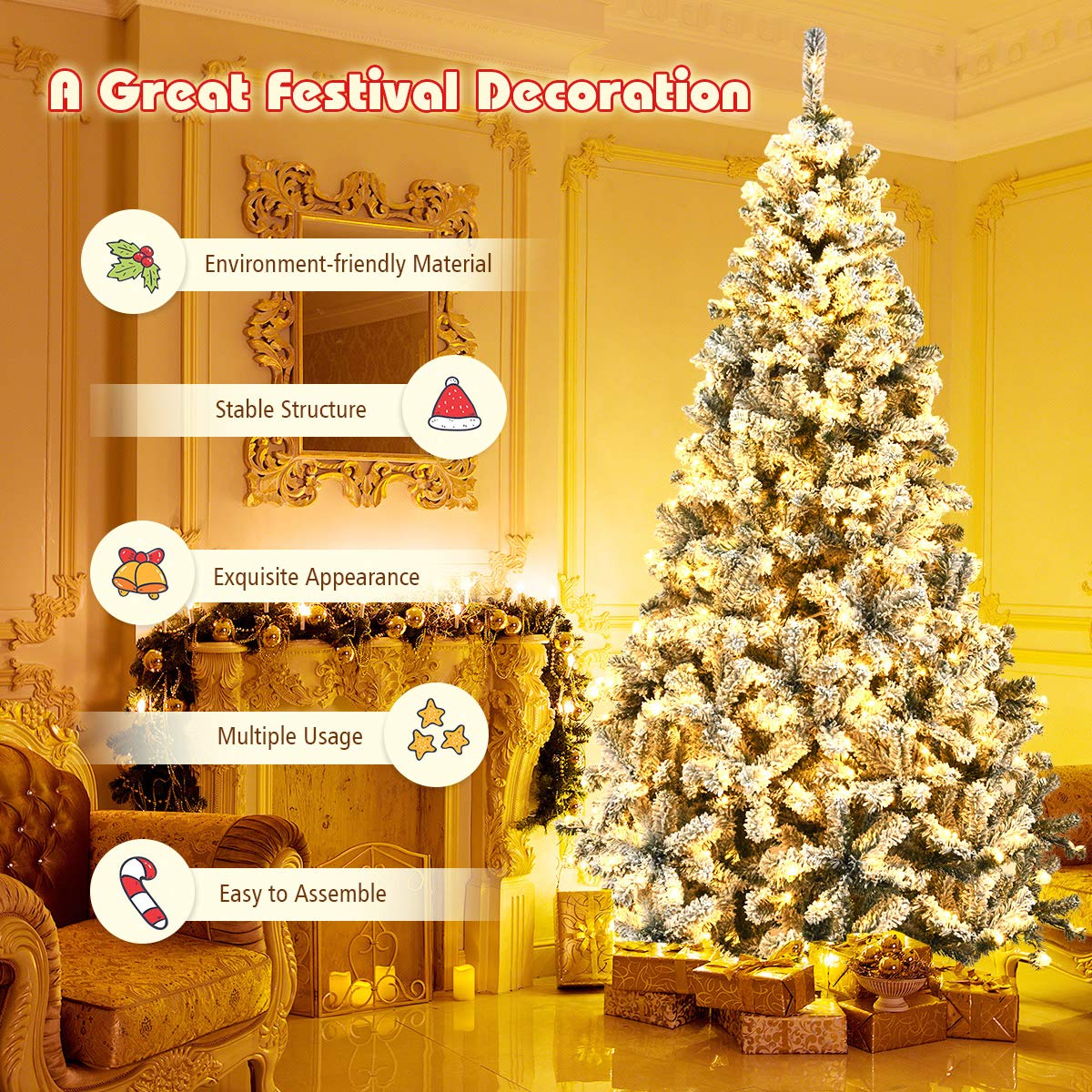 Goplus 9ft Pre-Lit Artificial Christmas Tree, Premium PVC Snow Flocked Hinged Pine Tree with Metal Stand and LED Lights, Perfect Xmas Decoration for Indoor and Outdoor