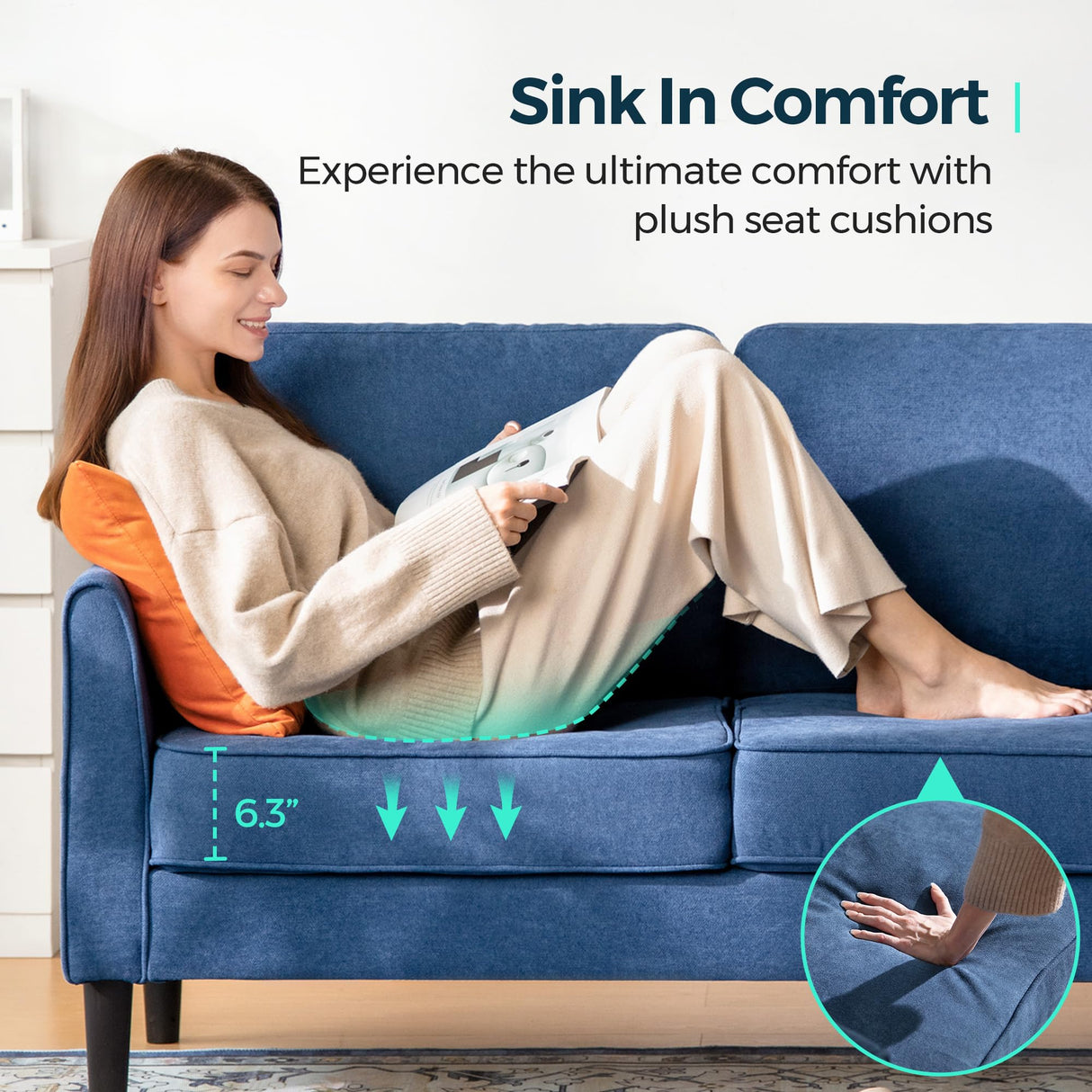 LINSY Loveseat Sofa Couch - Comfy 58" Small Loveseat for Small Spaces Modern Couches with Thick Cushion, Ergonomic Design Soft Sofa for Living Room Bedroom Apartment (Blue) LINSY