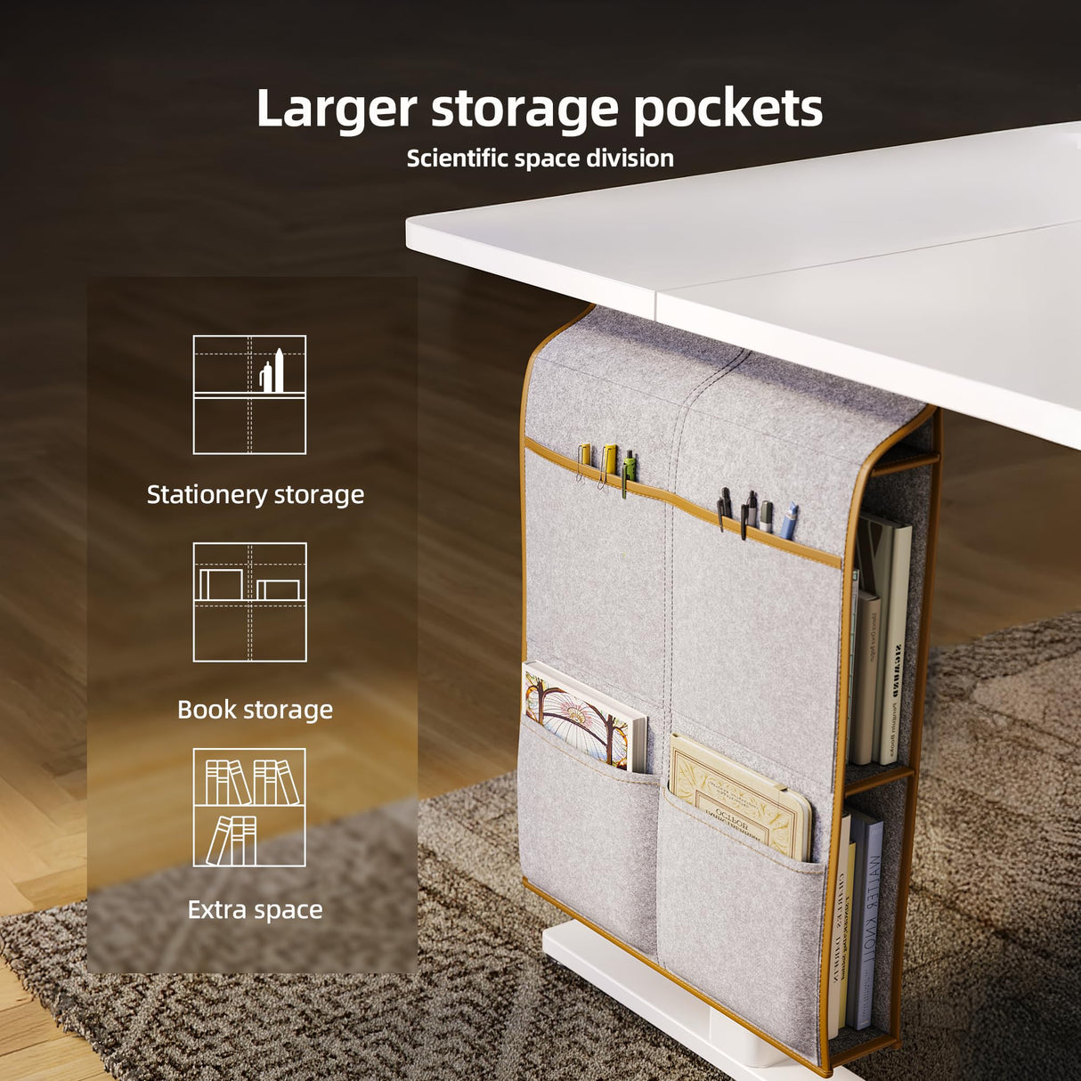 Claiks Electric Standing Desk Adjustable Height with Spacious Storage Bag, 48x24 Inch Stand Up Desk with Headphone Hook, Sit Stand Desk for Home Office Computer Workstation, White Claiks