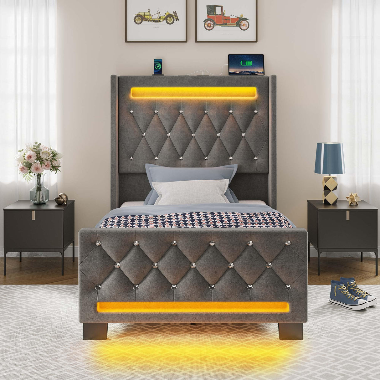 Rolanstar Twin Bed Frame with LED Light and Charging Station, Upholstered High Headboard and Footboard, Wood Slats, Noise Free, Easy Assembly, Grey Rolanstar