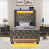 Rolanstar Twin Bed Frame with LED Light and Charging Station, Upholstered High Headboard and Footboard, Wood Slats, Noise Free, Easy Assembly, Grey Rolanstar