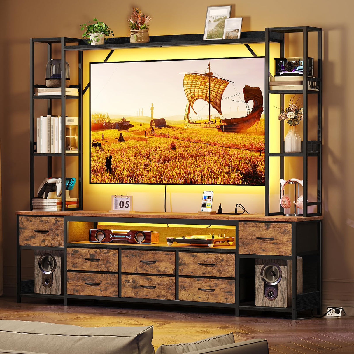 RALGEND TV Stand with Power Outlets to 65 Inches, LED Large Wall Unit Entertainment Center with Bookshelf, Dresser TV Stand with 8 PU Drawer, for Living Room, Bedroom, Rustic Brown and Black RALGEND