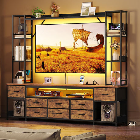 RALGEND TV Stand with Power Outlets to 65 Inches, LED Large Wall Unit Entertainment Center with Bookshelf, Dresser TV Stand with 8 PU Drawer, for Living Room, Bedroom, Rustic Brown and Black RALGEND