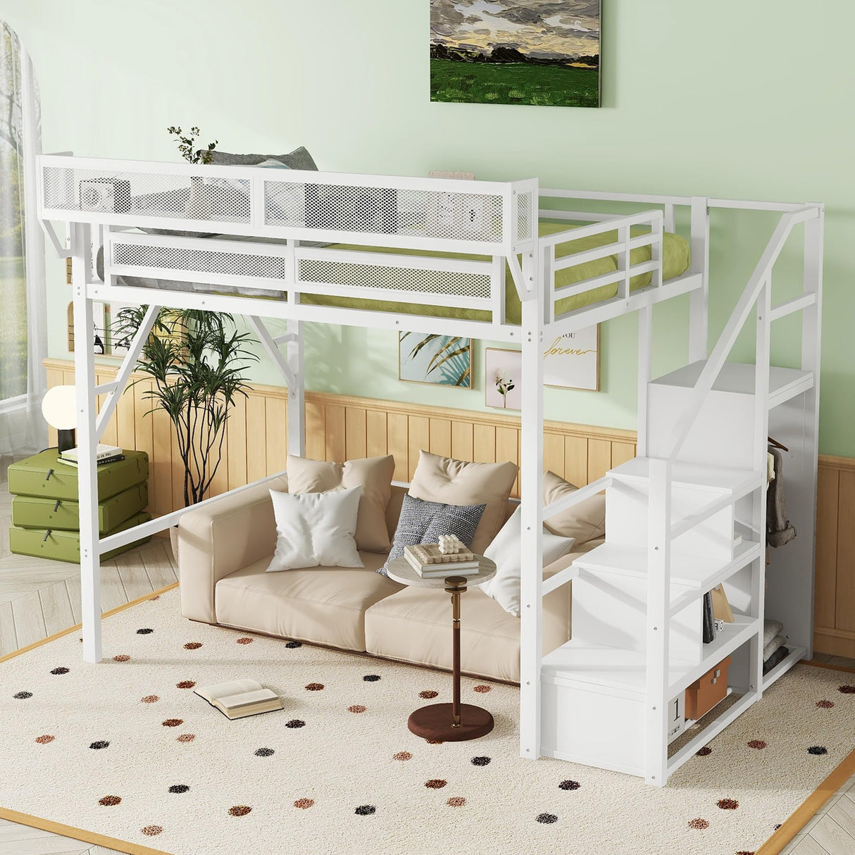 KEIKI Full Size Metal Loft Bed Frame with Convertible Staircase, Built-in Storage Shelves & Wardrobe, Loft Bed with Solid Slats & Guardrail, No Box Spring Required, Easy Assembly, for Bedroom, White KEIKI
