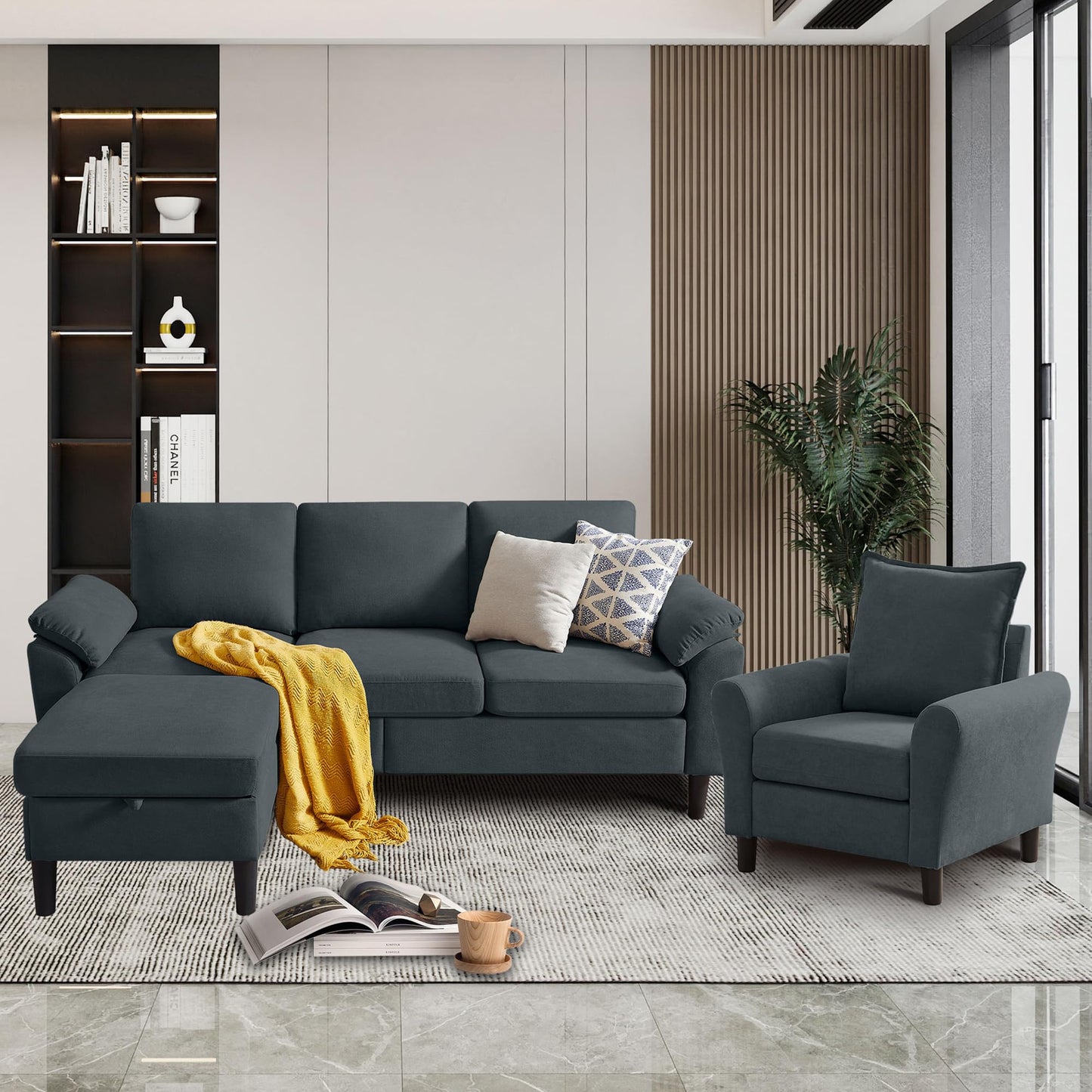 Chireca Sectional Sofa Set of 79.5" Convertible Sofa & Accent Chair, Small L Shaped 3 Seat Couch with Reversible Ottoman, Modern Linen Sofa Couch for Living Room, Office, Apartment, Dark Grey