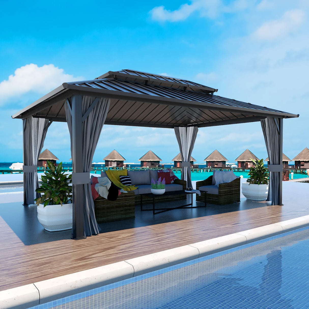 VEIKOU 12' X 16' Hardtop Gazebo, Outdoor Aluminum Gazebo, Double Roof Gazebo Pergola, Heavy Duty Patio Gazebo w/Netting and Curtains for Garden, Deck, Backyard VEIKOU