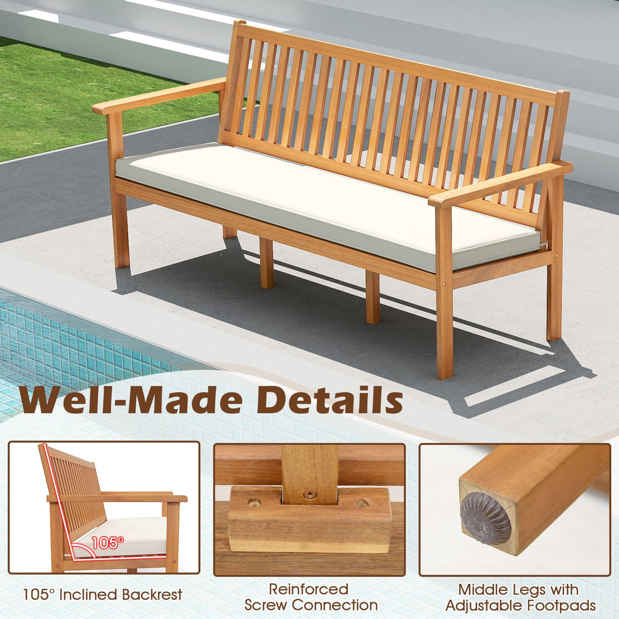 RELAX4LIFE 64’’ Outdoor Bench Acacia Wood - 3-Person Patio Bench w/Slatted Backrest, Armrests & Removable Seat Cushion, Wooden Front Porch Garden Bench for Poolside Balcony Backyard, 1200 LBS Capacity RELAX4LIFE