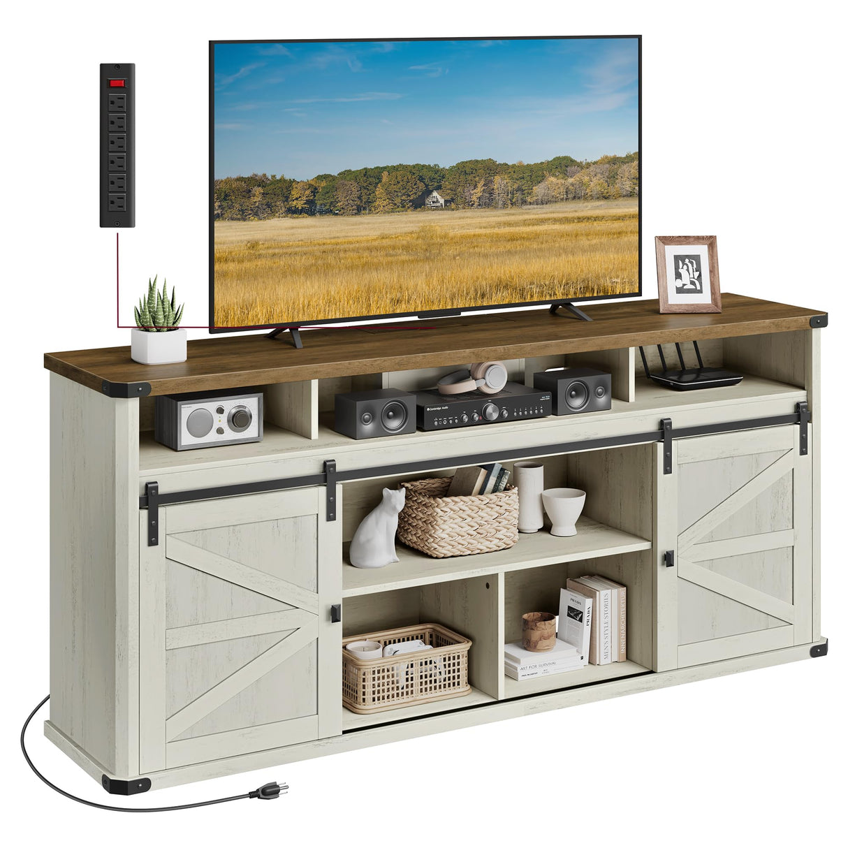 VASAGLE TV Stand for TVs up to 75 Inches, Farmhouse Entertainment Center with Sliding Barn Doors, TV Console Table for Living Room, Rustic White and Honey Brown ULTV323W02 VASAGLE