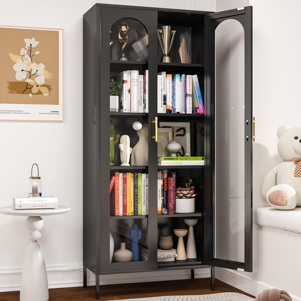 CBNTKI Metal Storage Cabinet,Glass Curio Display Cabinet with 4 Adjustable Shelves,71'' Tall Bookshelf with Glass Doors,Black Cabinet for Home Office, Living Room, Kitchen,Pantry CBNTKI