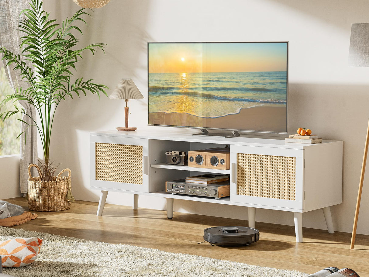 SUPERJARE 65 Inch TV Stand, Entertainment Center with Adjustable Shelf, Rattan TV Console with 2 Cabinets, Media Console, Solid Wood Feet, 4 Cord Holes, for Living Room, White SUPERJARE
