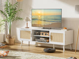 SUPERJARE 65 Inch TV Stand, Entertainment Center with Adjustable Shelf, Rattan TV Console with 2 Cabinets, Media Console, Solid Wood Feet, 4 Cord Holes, for Living Room, White SUPERJARE