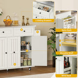 DWVO Kitchen Island with Seating, Mobile Kitchen Storage Island with Drop Leaf Countertop, Large Kitchen Island Table with Drawers, Cabinets, Bar Stools, Towel Rack and Spice Rack, White DWVO