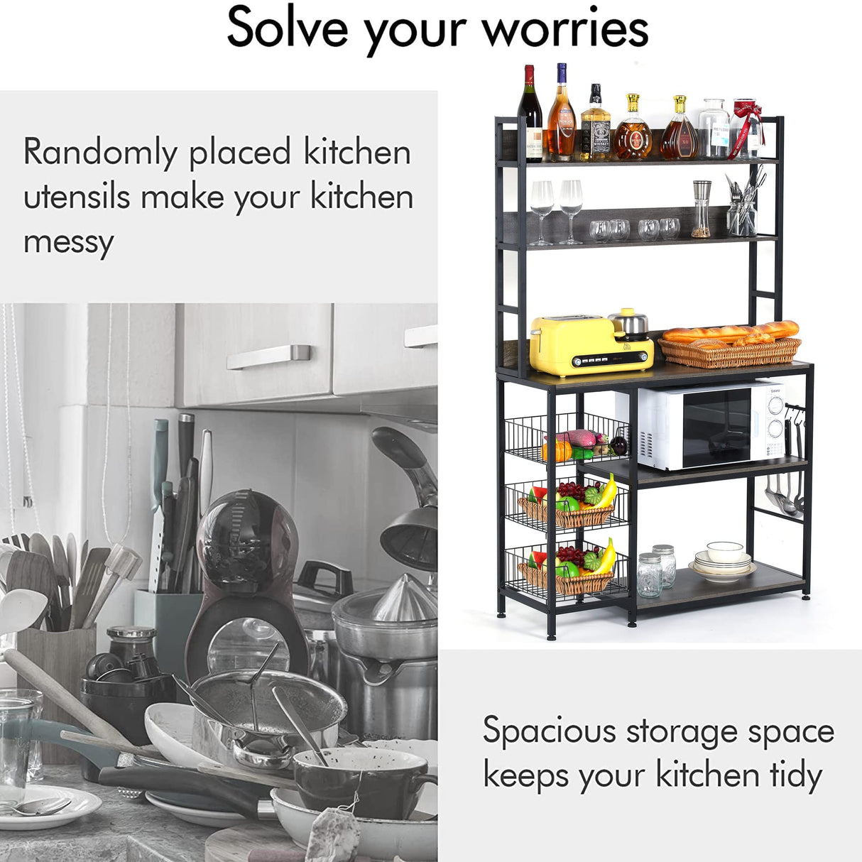 NAIYUFA Kitchen Bakers Rack with Baskets,5-Tier Utility Storage Shelf with Hooks, Microwave Oven Stand Rack, Free Standing Kitchen Shelf Vintage Grey NAIYUFA