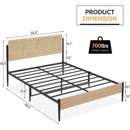 Bed Frame Full Size, Modern Platform Bed Frame with Rattan Headboard Metal Slat Support Bed Frame with Storage-Oak Full