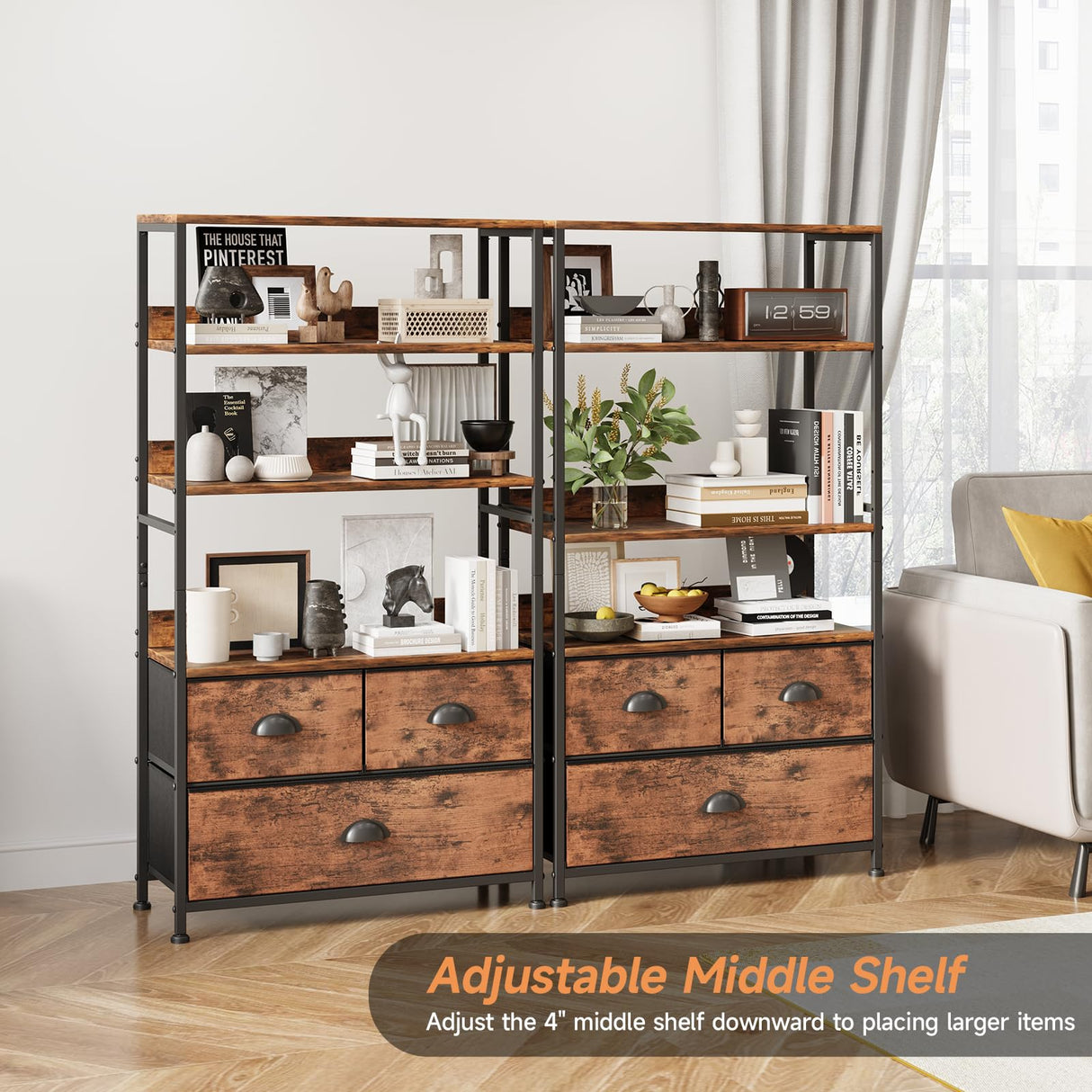 6 Tier Bookshelf, 47-Inch Small Bookcase with 3 Fabric Storage Drawers, Wood and Metal Book Shelf Storage Organizer, Industrial Display Standing Shelf Unit for Bedroom, Living Room, Rustic Brown Mexin