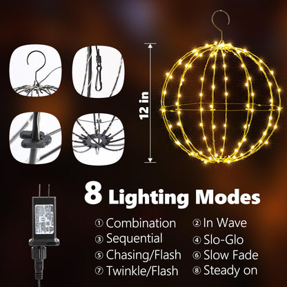 Christmas Outdoor Decorations Ball Lights 2PCS - 12 Inch Connectable Hanging Tree Globe 120 LED Fairy Lights with 8 Lighting Modes,Timing Function Waterproof Indoor Outdoor (Warm White, 2pcs)