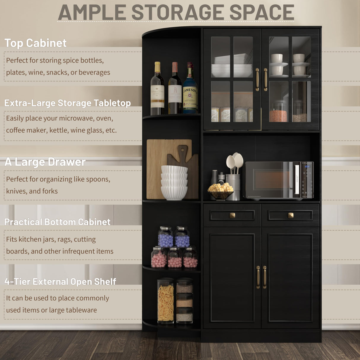 Fatmok Kitchen Pantry Cabinet with Charging Station, 71" Tall Modern Farmhouse Wood Kitchen Cabinet with a Large Drawer & Shelves, Freestanding Kitchen Hutch Cabinet with Microwave Stand, Cupboard Fatmok