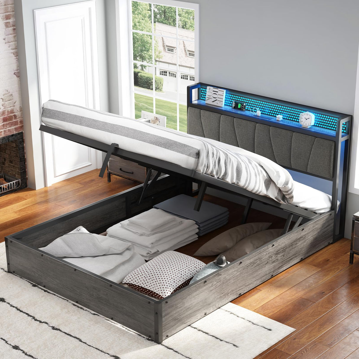 AMERLIFE Full Size Lift Up Bed Frame with Linen Upholstered & LED Light & Storage Headboard, Platform Bed Frame with Charging Station, No Box Spring Needed, Noisy Free, Rustic Grey AMERLIFE