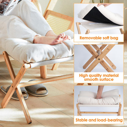 foriy Bamboo Folding Footrest Stool Wood Camping Stools 21x14 in Small Ottoman Foot Rest for Sofa Modern X Ottoman Chair with Cushion Padded Napping Footrest for Living Room Bedroom Office