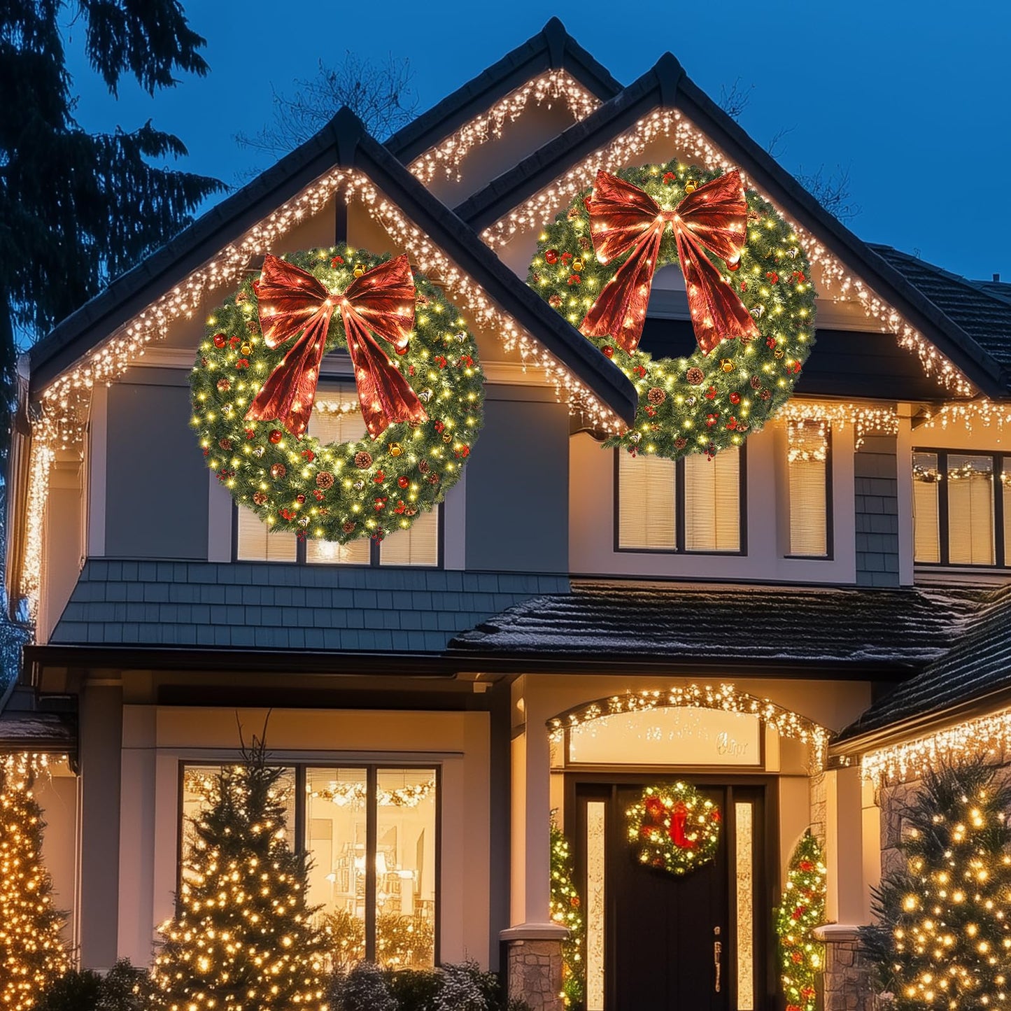 48inch Large Christmas Wreath - Outdoor Christmas Wreath with 300 Lights and Timer Remote Control, Red Bows, Jingle Bells, Pine Cones, Berry Clusters - 720 PVC Tips Artificial Pre Lit Xmas Wreaths