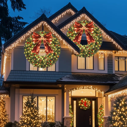 48inch Large Christmas Wreath - Outdoor Christmas Wreath with 300 Lights and Timer Remote Control, Red Bows, Jingle Bells, Pine Cones, Berry Clusters - 720 PVC Tips Artificial Pre Lit Xmas Wreaths