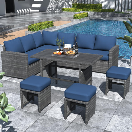 U-MAX 7 Pieces Patio Furniture Set, Outdoor Sectional Sofa Conversation Set, All Weather Wicker Rattan Dining Table & Chair with Ottoman, Grey Rattan&Blue Cushion U-MAX