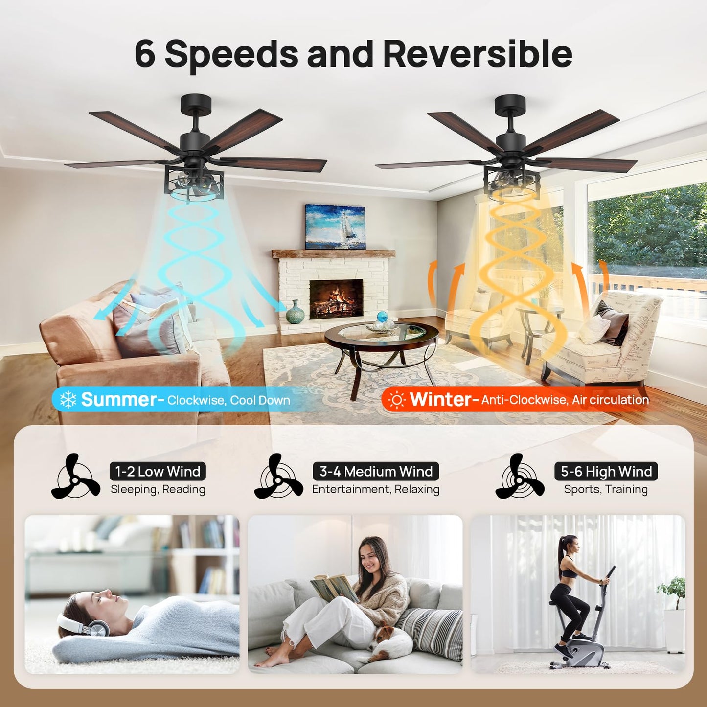 Consciot 52 Inch Ceiling Fan With Lights, Farmhouse Indoor Ceiling Fan With Remote, Quiet Reversible DC Motor, 5 Double Finish Wood Blades, Dimmable 2*E26 Bulbs(not included), Mela Model