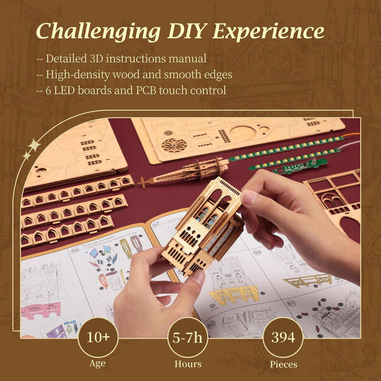 FUNPOLA LED 3D Wood Puzzle - Notre Dame de Paris Architecture Model-Night Edition with LED Lighting- DIY Building Model Craft Kit, Architecture Building Set FUNPOLA