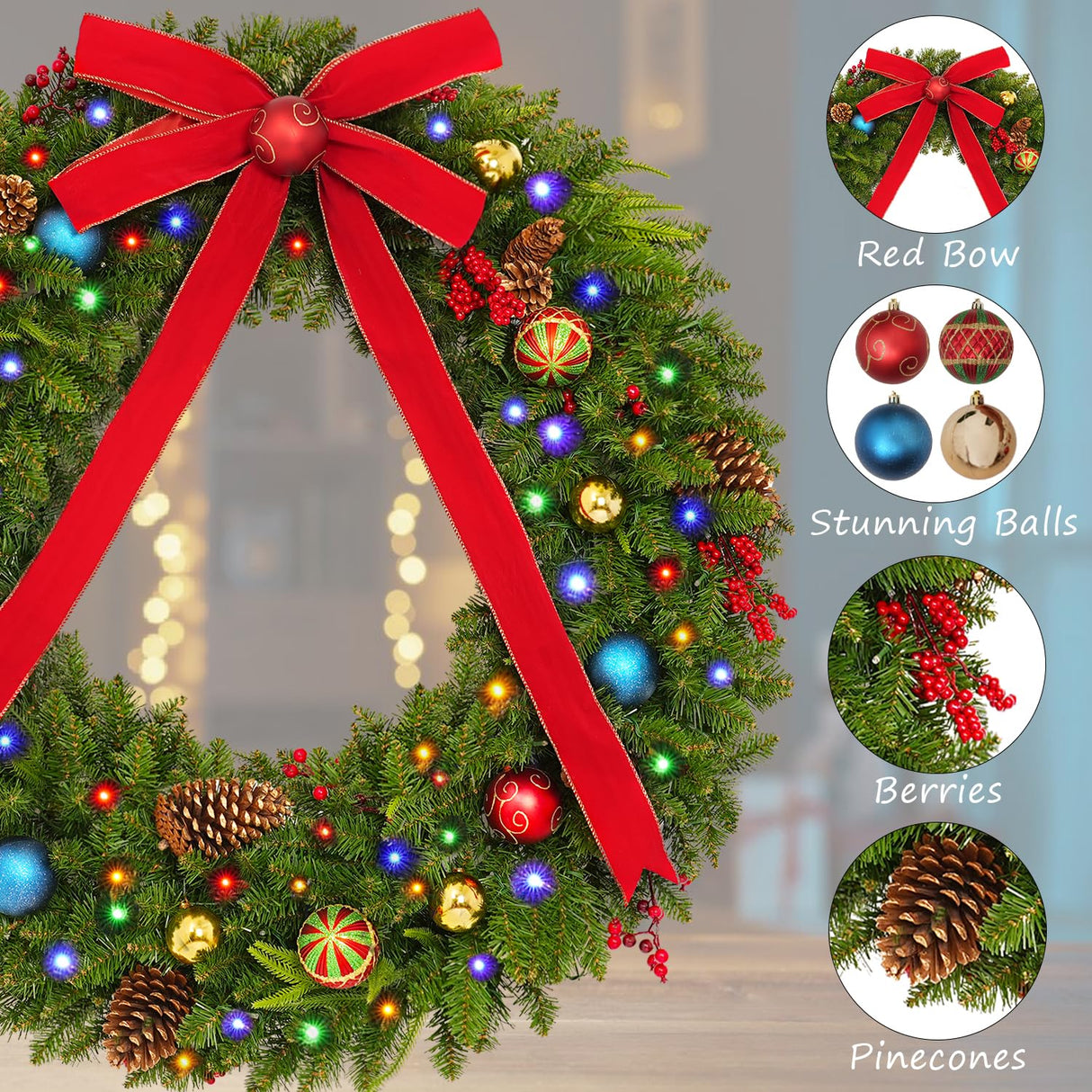 48 Inch Christmas Wreath, Pre Lit Christmas Wreath with 200 Lights, Red Bow, Ornament Balls, Remote Control, 11 Light Modes, Giant Christmas Wreaths Perfect for Garage Porch Roof Fireplace Outdoor colorspec