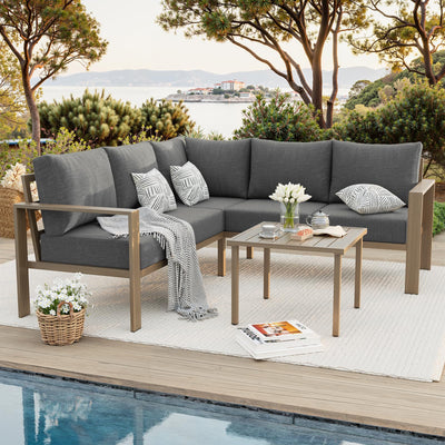VONZOY 6 Pieces Patio Furniture Set, Wood-Look Metal Outdoor Sectional Furniture Conversation Set, L Shape Patio Couch with Side Table, 6.5" Thick Olefin Cushions for Garden, Backyard, Deck(Dark Grey)