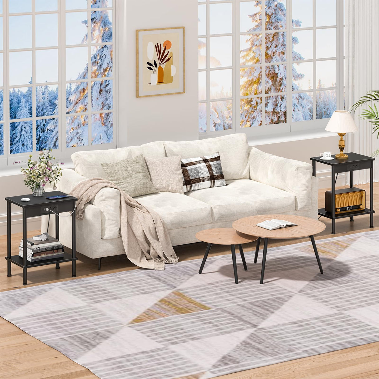 YUFAM End Table with Charging Station,Small Side Table,2-Tier Nightstand with Storage Shelf,Sofa Bedside Table for Small Spaces in Living Room,Bedroom,Office,Easy Assembly,Black YUFAM