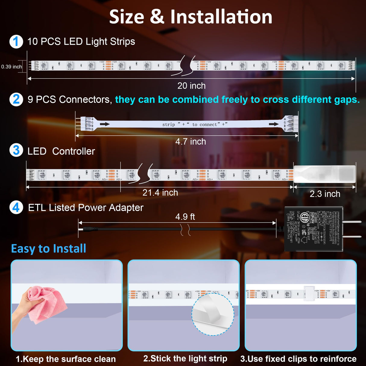 LAFULIT 10 PCS RGB Under Cabinet Lights Kit, App and Remote Control Led Strip Lights, Music Sync Color Changing Led Lights, Plug in Light for Cabinet, Counter, Shelf, Bookcase, 13ft LAFULIT