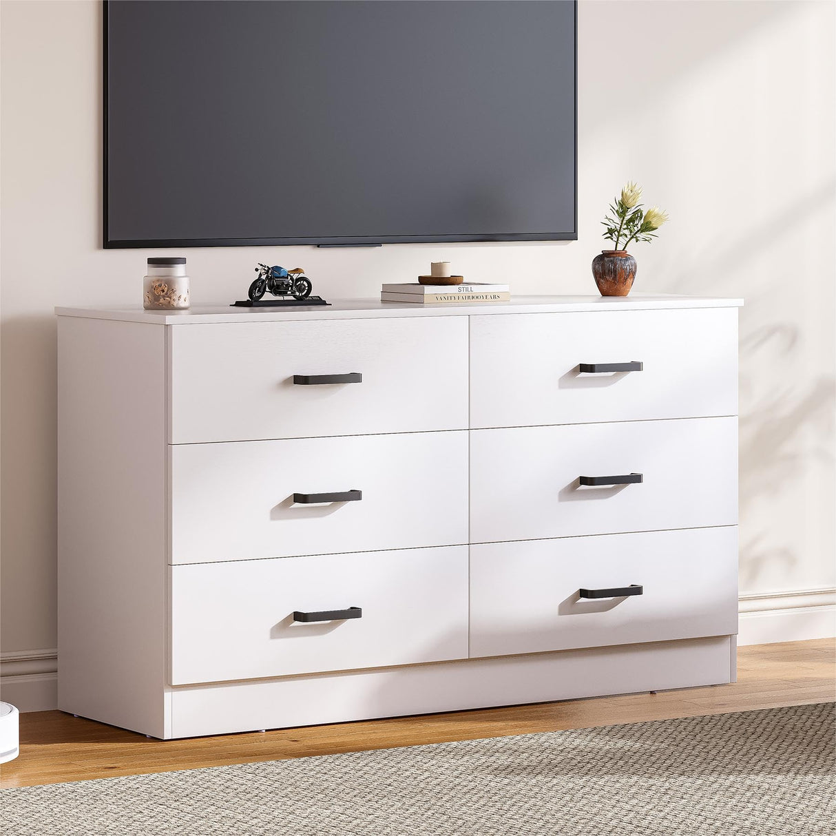 Bigbiglife Wood Dresser for Bedroom, 6 Drawer Double Dresser, Modern Chest of Drawers with Deep Drawers, Large Storage Organizer for Living Room, Closet,15.8" D x 47.2" W x 27.7" H (White) Bigbiglife