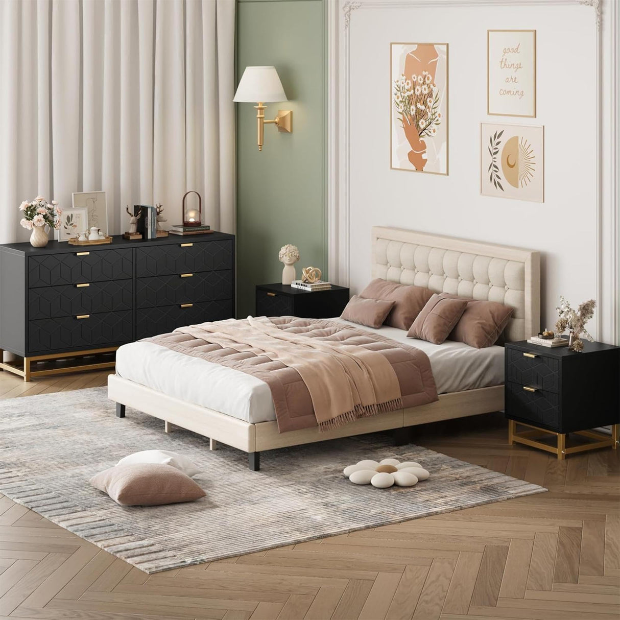 Dresser for Bedroom, 53.5" Large Dresser Organizer, 6 Drawer with Golden Metal Handle and Legs, Modern Chest of Drawers, Black Dressers with Drawers for Closet, Hallway, Living Room, Entryway GAOMON