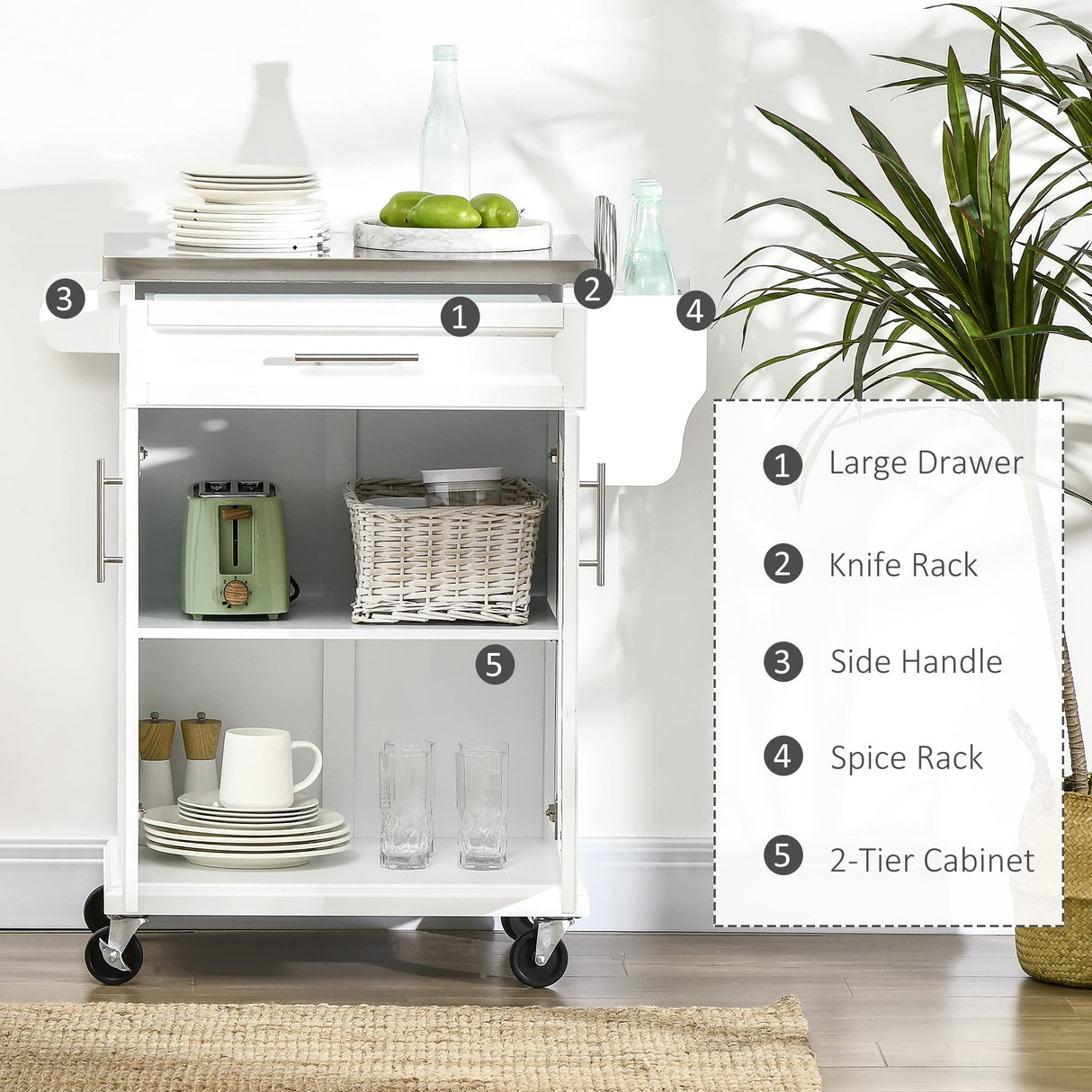 HOMCOM Kitchen Island on Wheels, Rolling Kitchen Cart with Stainless Steel Countertop, Drawer, Towel Rack and Spice Rack, Utility Storage Trolley, White HOMCOM