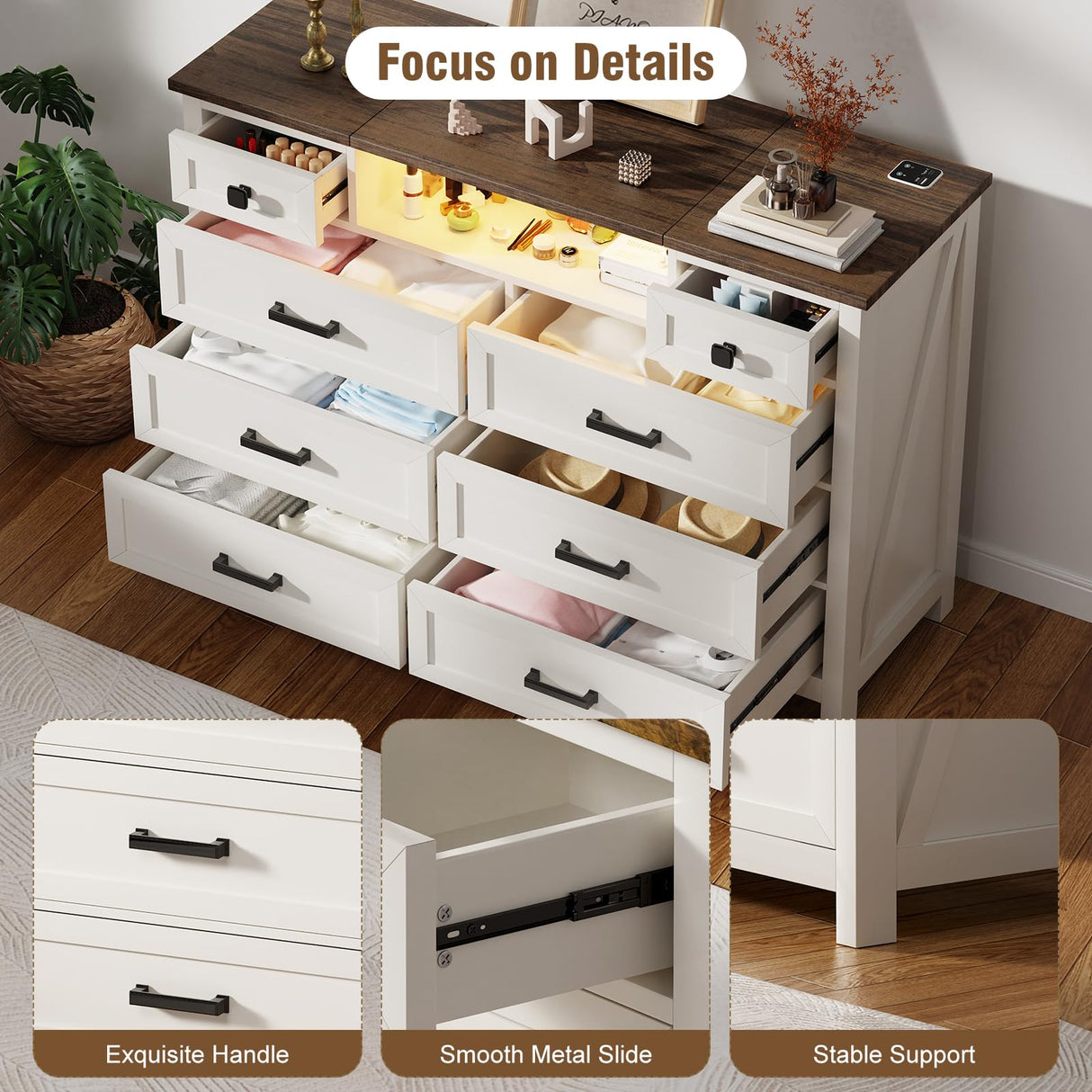 BROTTAR Dresser with Mirror for Bedroom, Chest of Drawers with LED Mirror, 8 Drawer Dresser with Charging Station, White Kids Dressers, Farmhouse Makeup Vanity with Storage for Bedroom BROTTAR