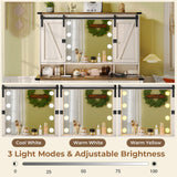 VIAGDO Farmhouse Makeup Vanity Desk with Sliding Door and Lights, Vanity Table with Charging Station & 2 Drawers, Rustic Big Vanity Table with Hooks/Shelves/Hidden Space for Bedroom VIAGDO